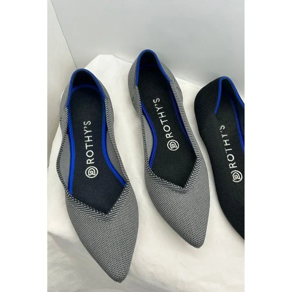 Rothys The Point Flats Bundle 2 Pairs Solid Black Grey Birdseye Womens 7.5 - Picture 4 of 12